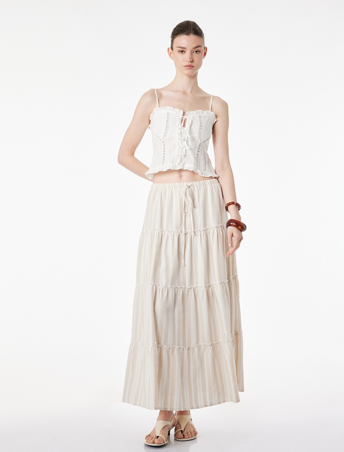  Keten Karışımlı Katlı Kesim Çizgili Midi Etek