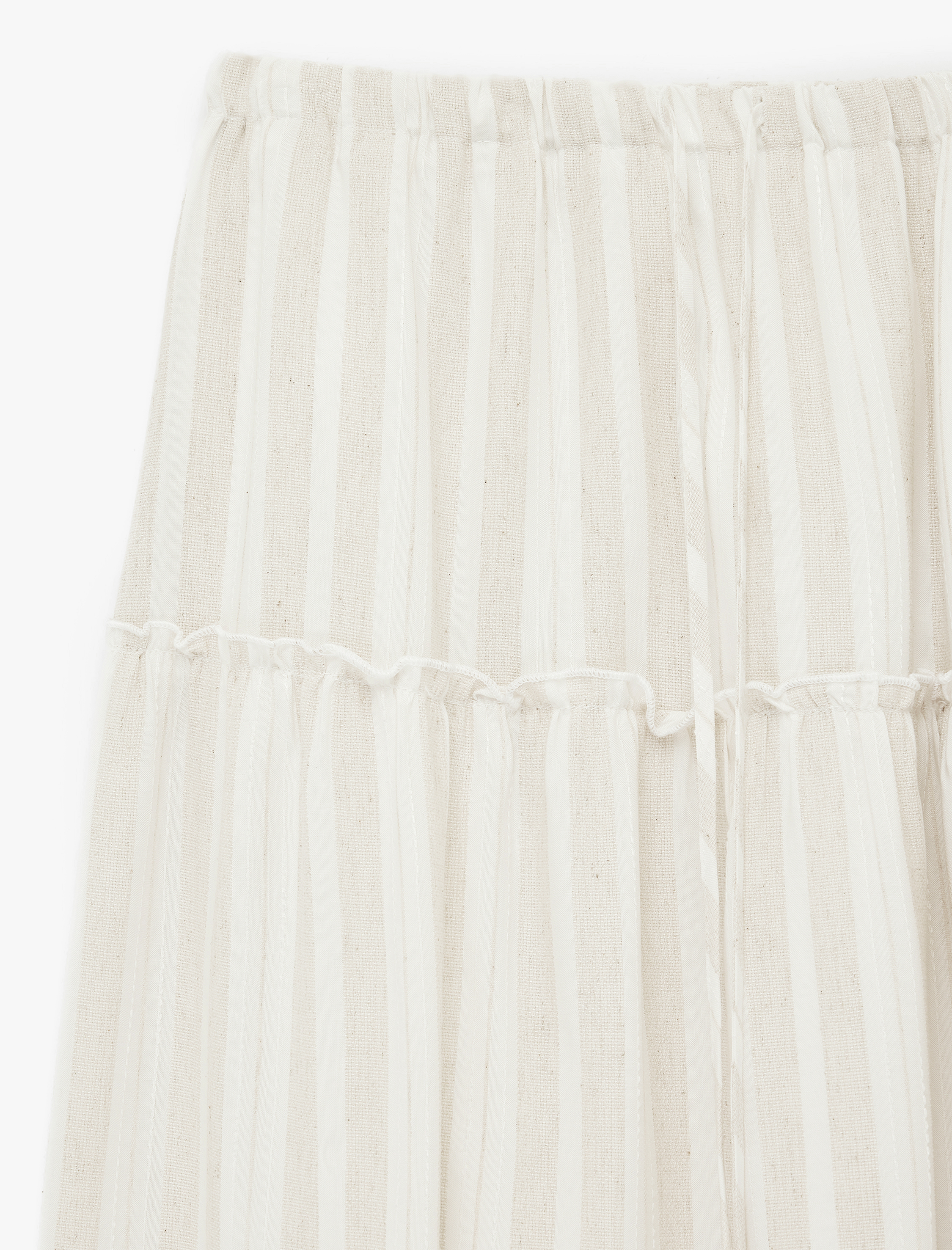   Keten Karışımlı Katlı Kesim Çizgili Midi Etek