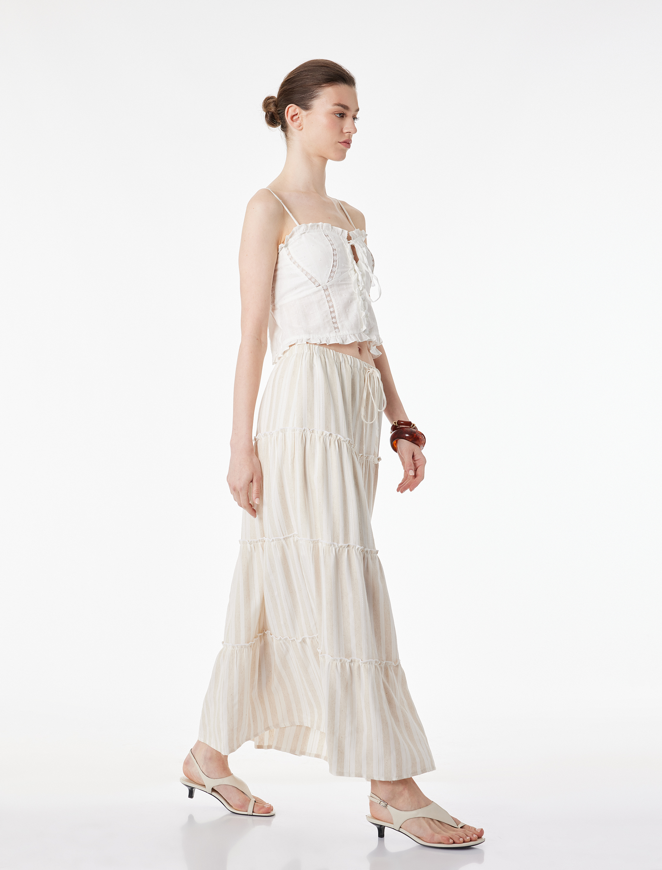   Keten Karışımlı Katlı Kesim Çizgili Midi Etek