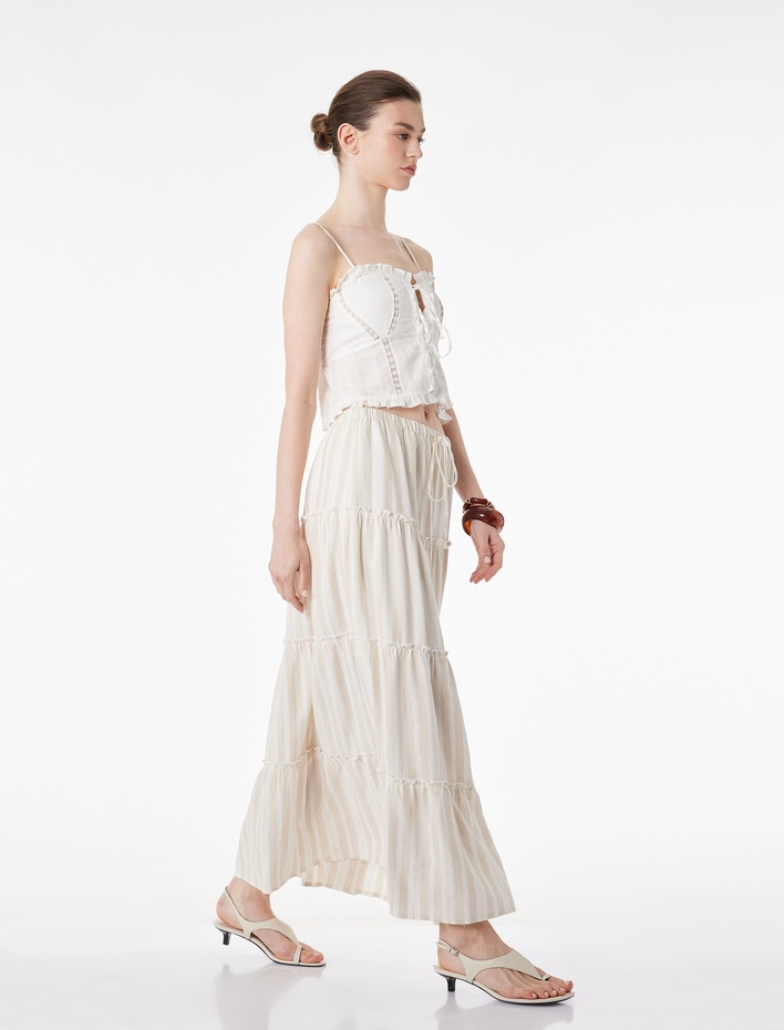  Keten Karışımlı Katlı Kesim Çizgili Midi Etek