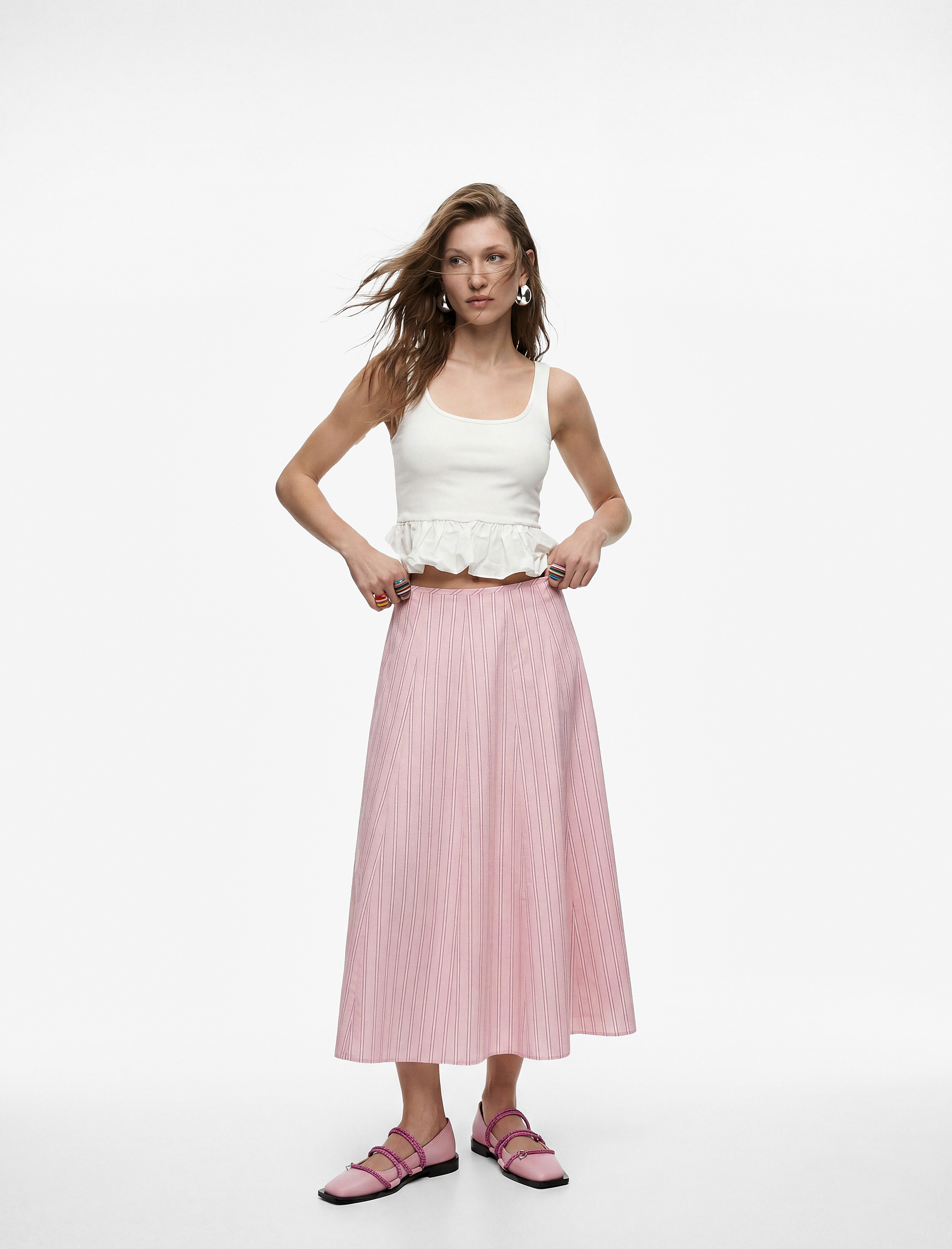   Pamuklu Poplin Kumaş Çan Kesim Çizgili Midi Etek