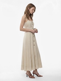 Keten Viskon Karışımlı Kare Yaka Midi Boy Düğmeli Askılı Kloş Elbise