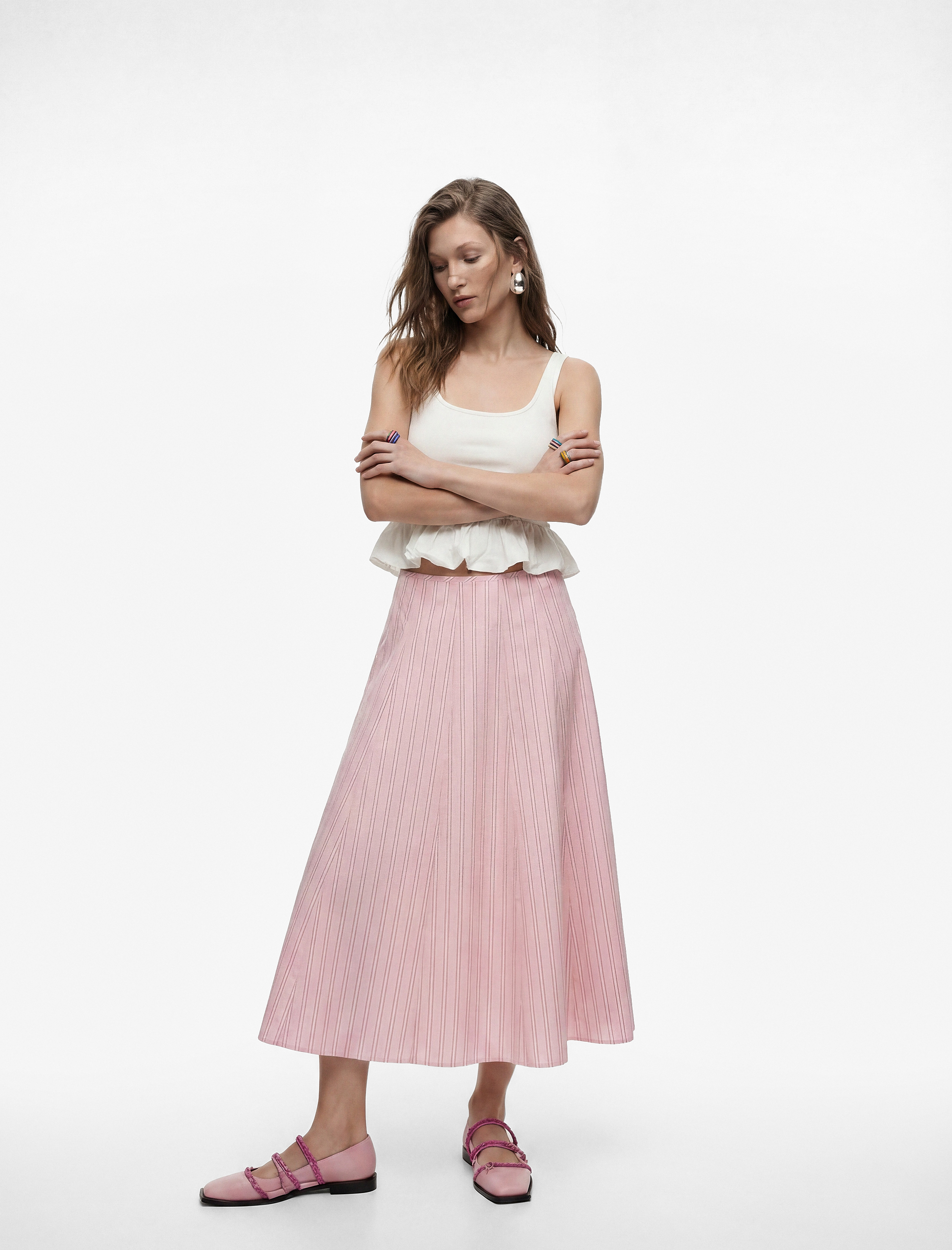   Pamuklu Poplin Kumaş Çan Kesim Çizgili Midi Etek