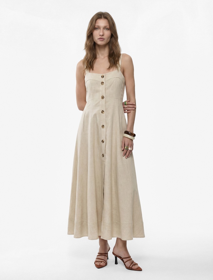  Keten Viskon Karışımlı Kare Yaka Midi Boy Düğmeli Askılı Kloş Elbise