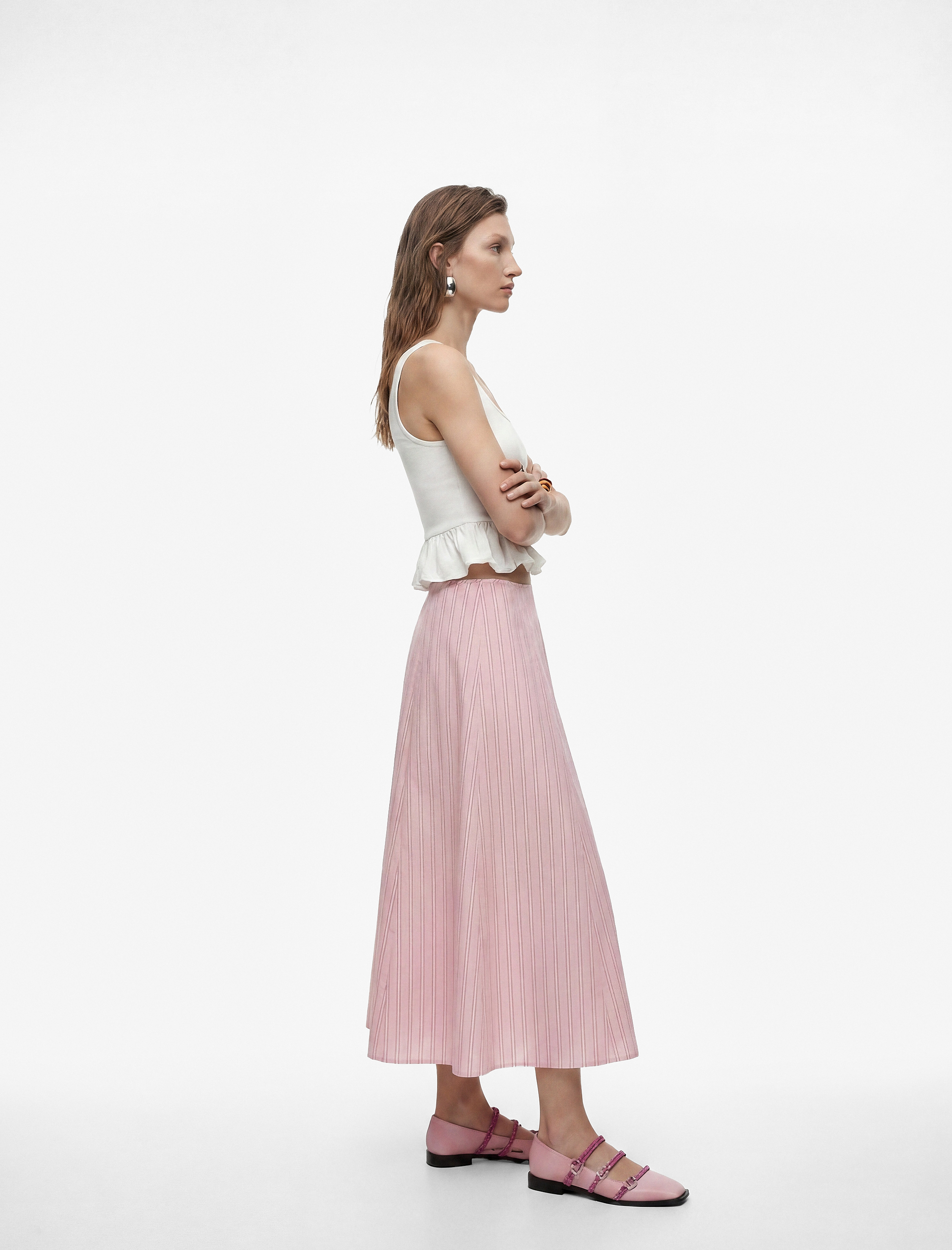   Pamuklu Poplin Kumaş Çan Kesim Çizgili Midi Etek