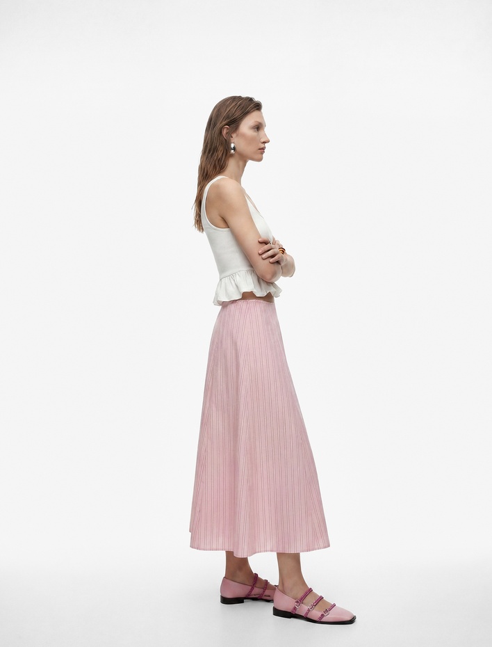  Pamuklu Poplin Kumaş Çan Kesim Çizgili Midi Etek