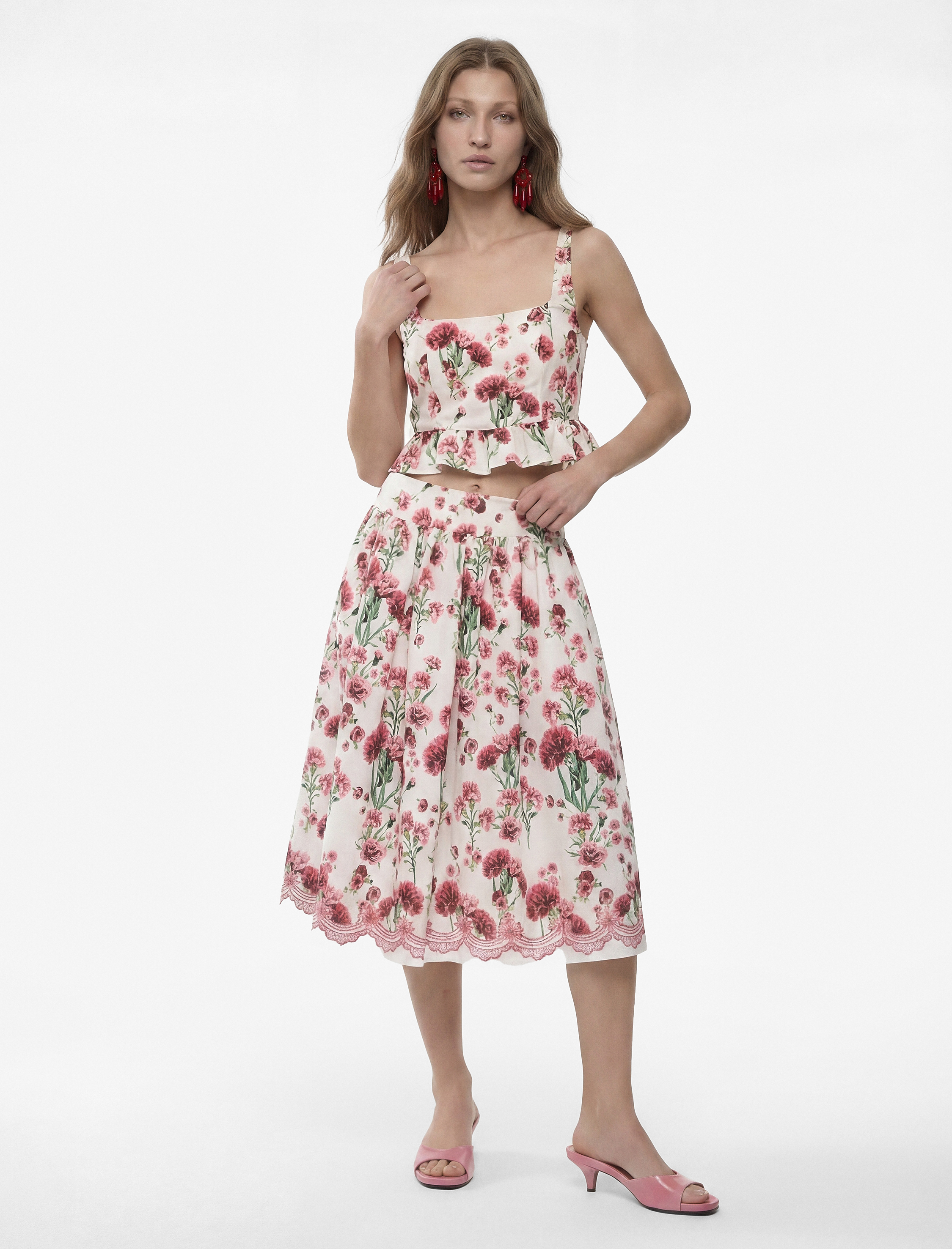   Viskon Kumaş Belden Oturtmalı Volümlü Çiçekli Uzun Kloş Etek