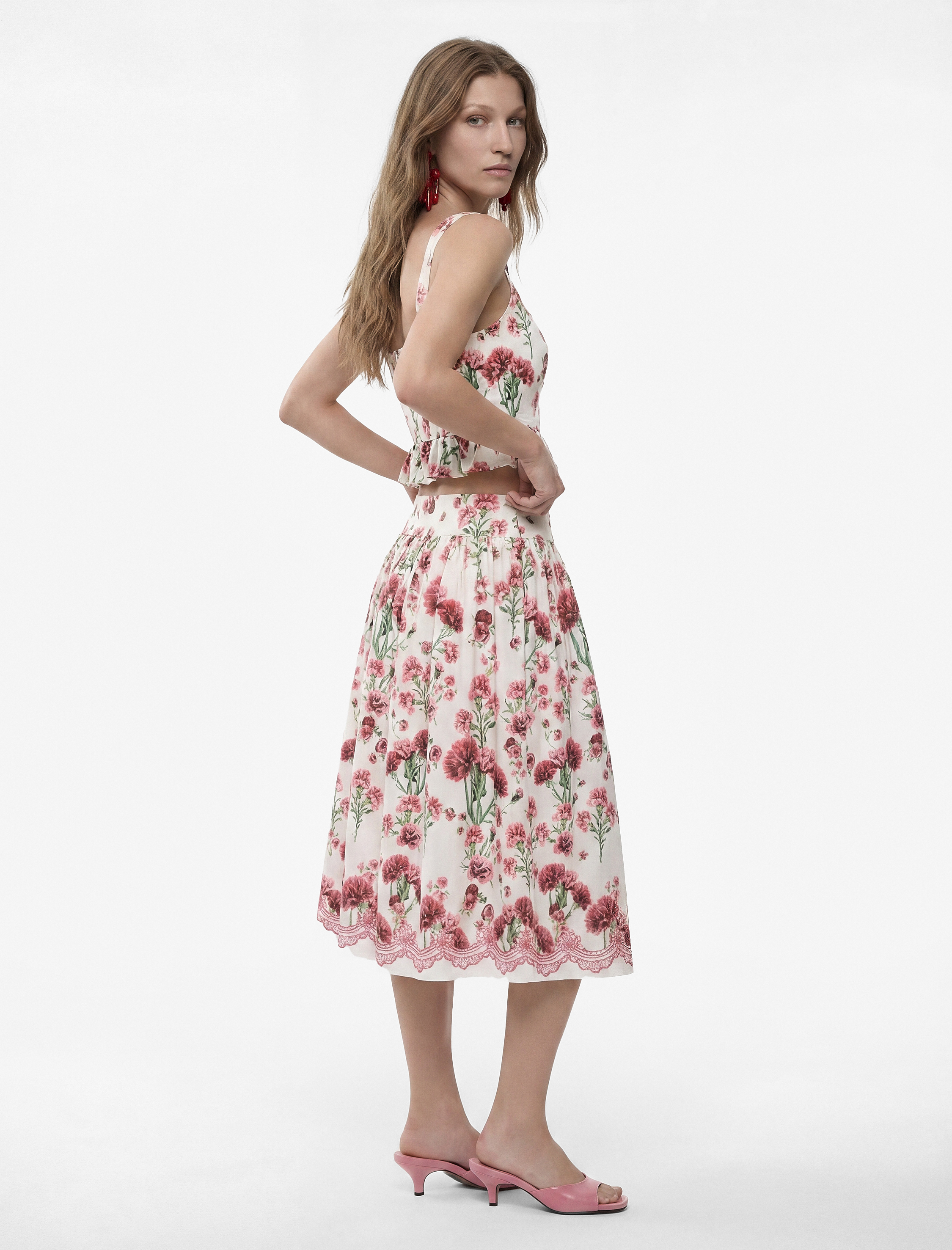   Viskon Kumaş Belden Oturtmalı Volümlü Çiçekli Uzun Kloş Etek