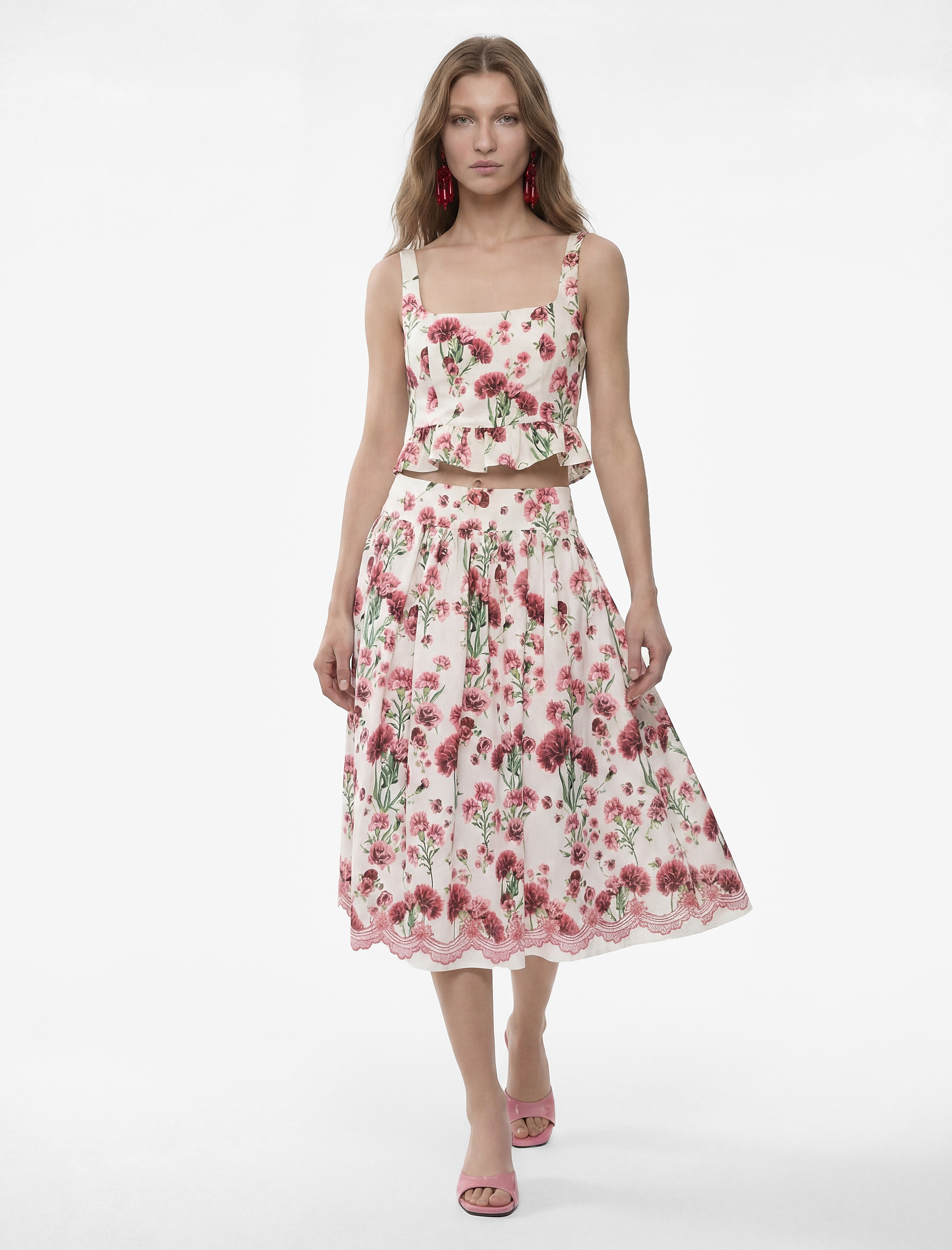   Viskon Kumaş Belden Oturtmalı Volümlü Çiçekli Uzun Kloş Etek