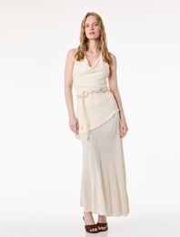 Bürümcük Kumaş Sırt Dekolteli Asimetrik Kesim Dökümlü Yaka Kemerli Bluz