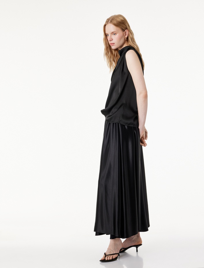  Viskon Beli Lastikli Midi Saten Kloş Etek