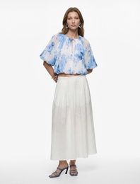 Bağcıklı Yuvarlak Yaka Kısa Balon Kollu Çiçekli Crop Bluz