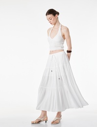 Rahat Kalıp Bağlama Detaylı Yırtmaçlı Viskon Midi Kloş Etek