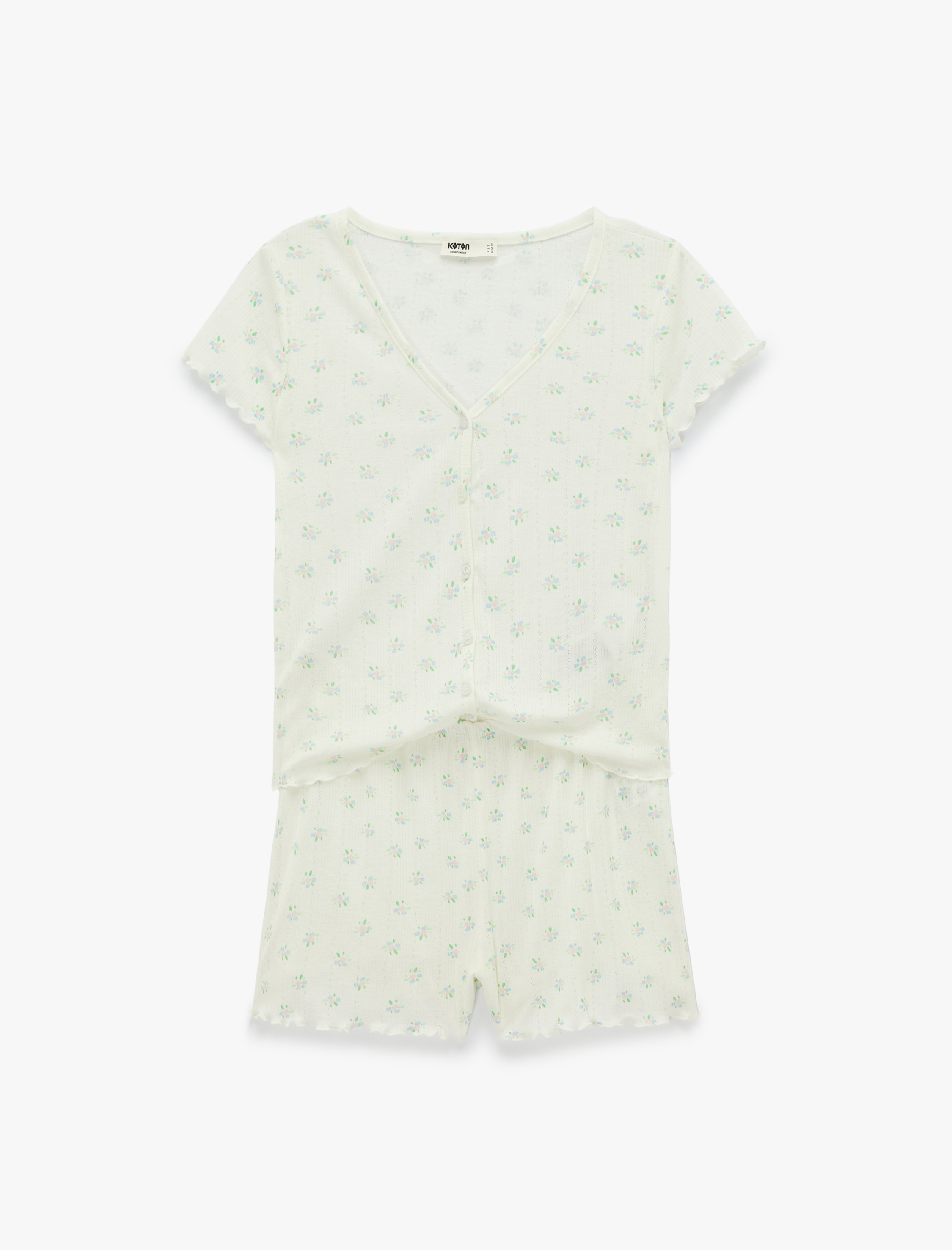  Düğmeli V Yaka Kısa Kollu Desenli Şortlu Pijama Takımı