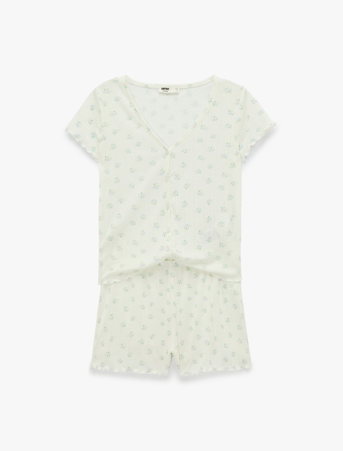  Düğmeli V Yaka Kısa Kollu Desenli Şortlu Pijama Takımı