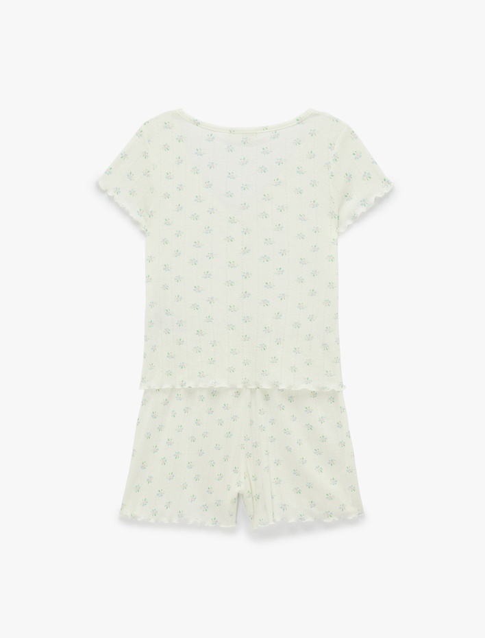  Düğmeli V Yaka Kısa Kollu Desenli Şortlu Pijama Takımı