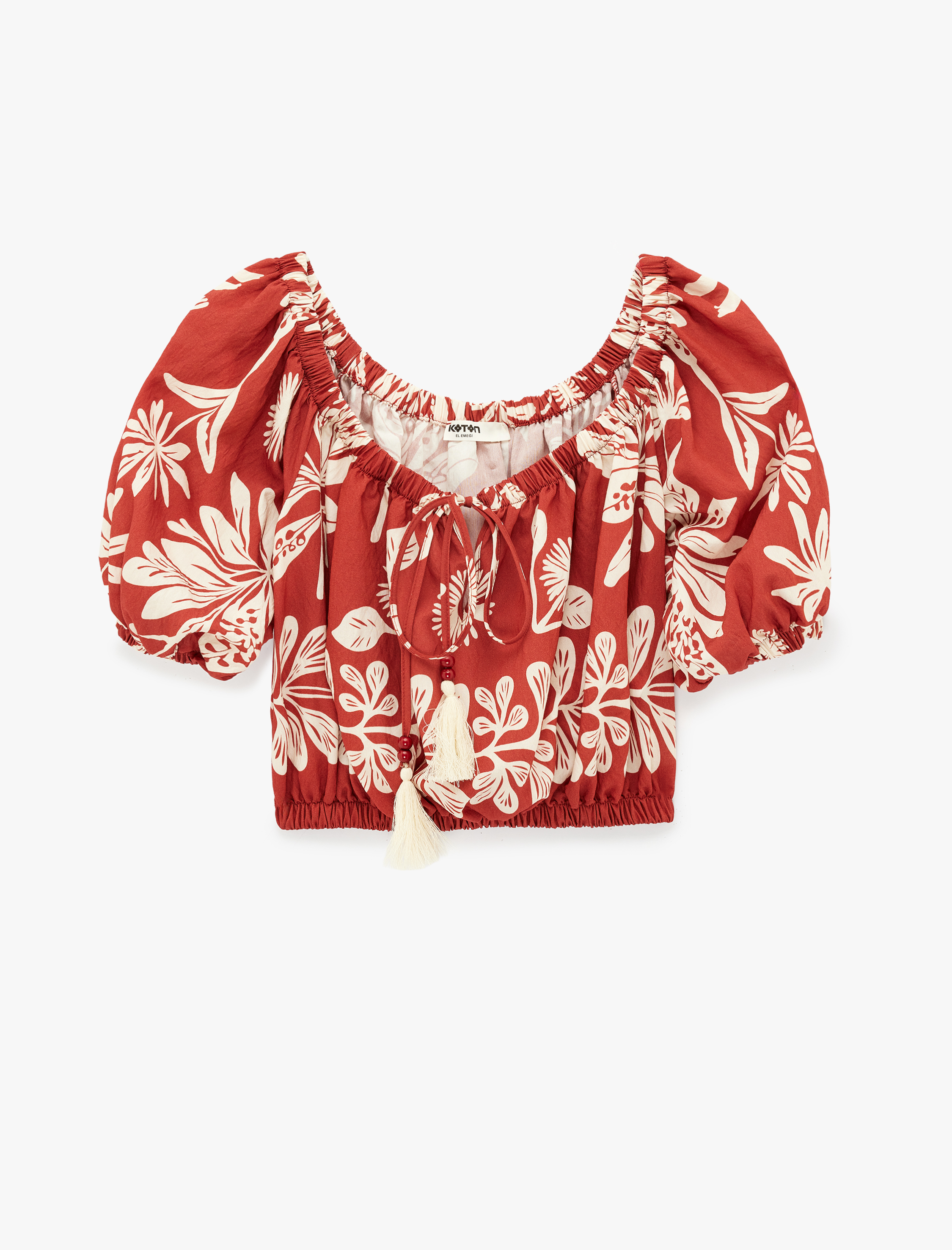   Viskon Kısa Kollu Bağcıklı Omzu Açık Desenli Crop Bluz