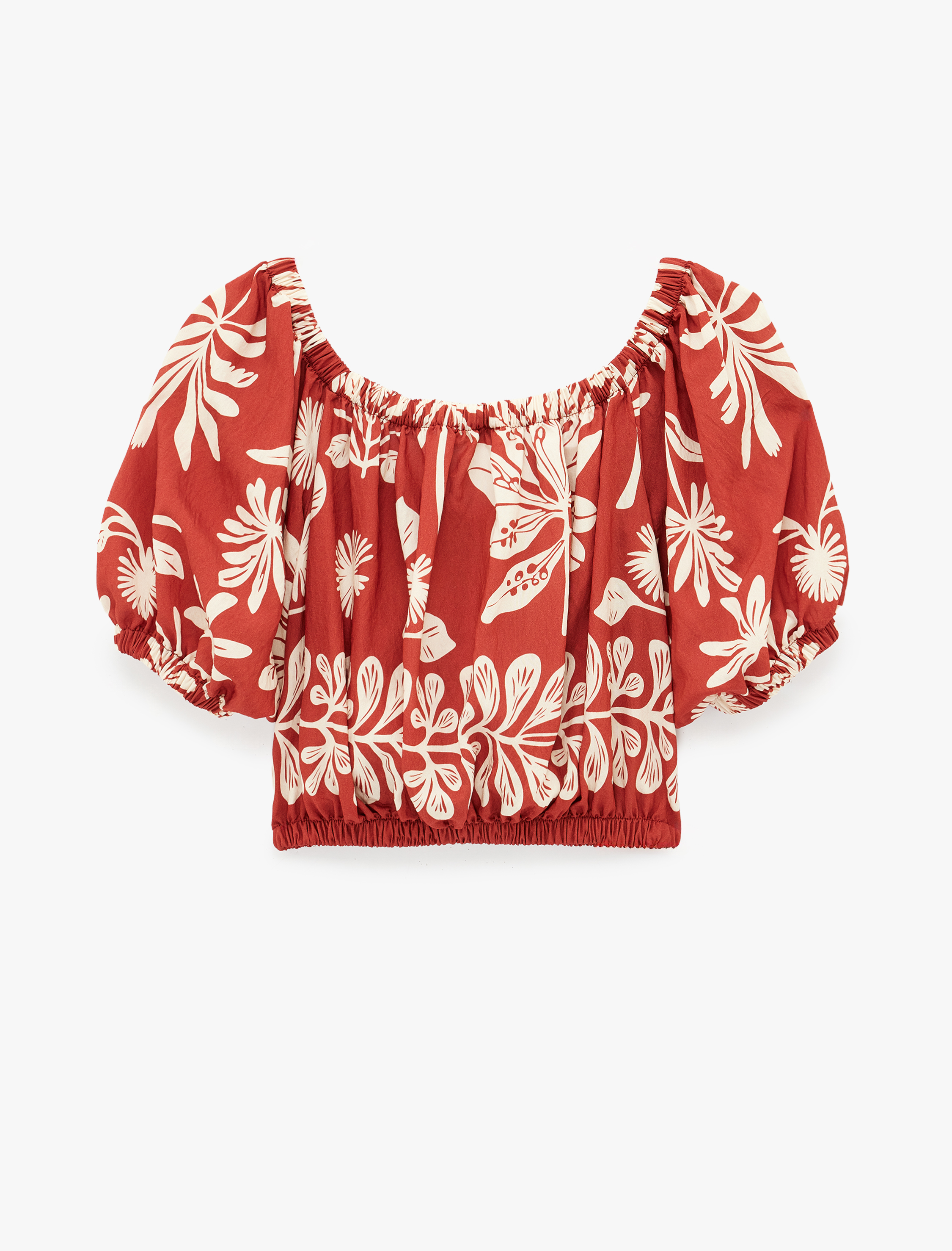   Viskon Kısa Kollu Bağcıklı Omzu Açık Desenli Crop Bluz