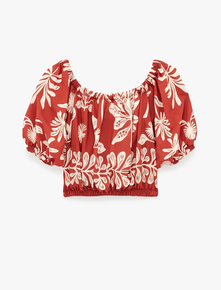  Viskon Kısa Kollu Bağcıklı Omzu Açık Desenli Crop Bluz