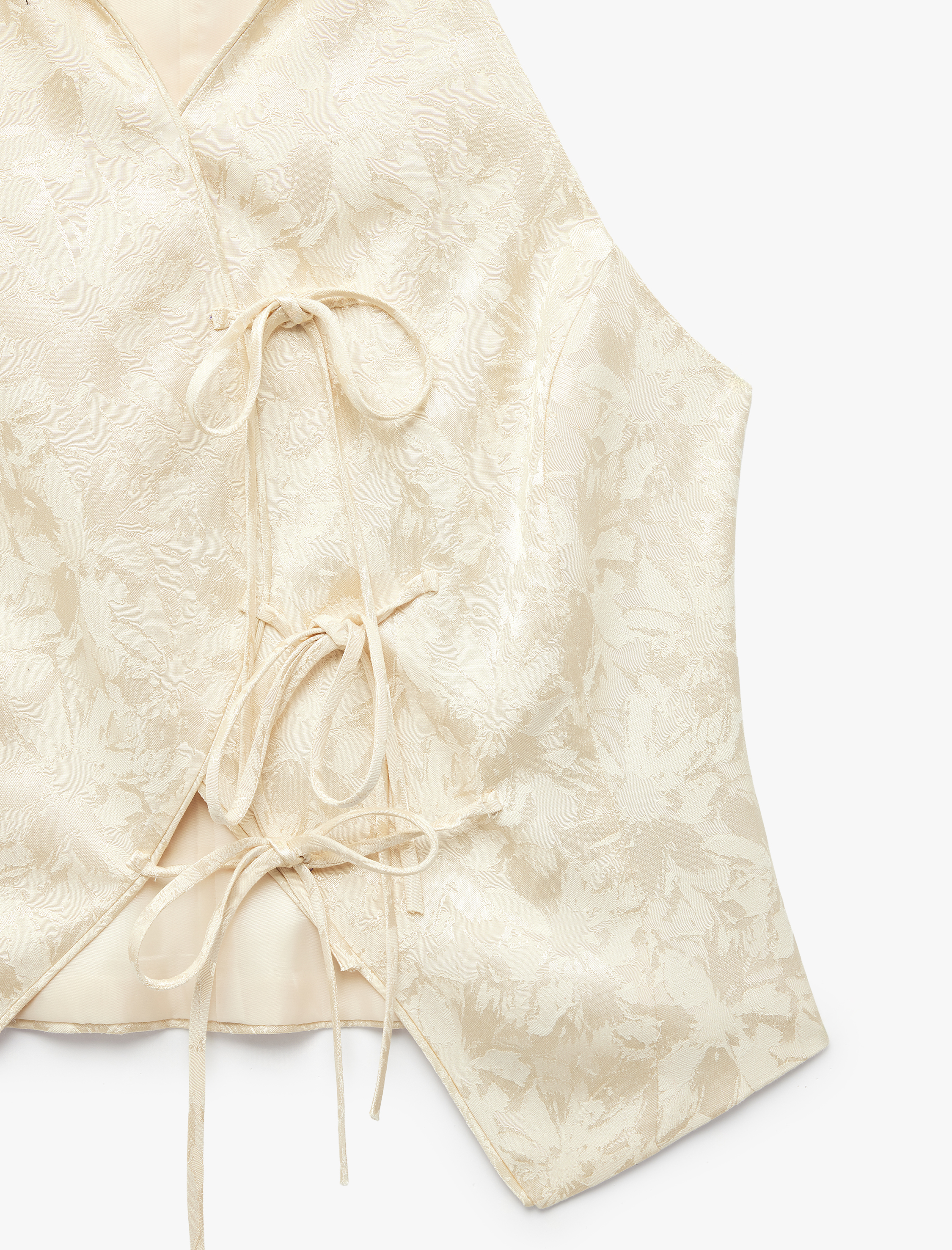   Floral Dokulu Fiyonklu Önden Bağlama Detaylı Qipao Dik Yaka Kruvaze Saten Yelek