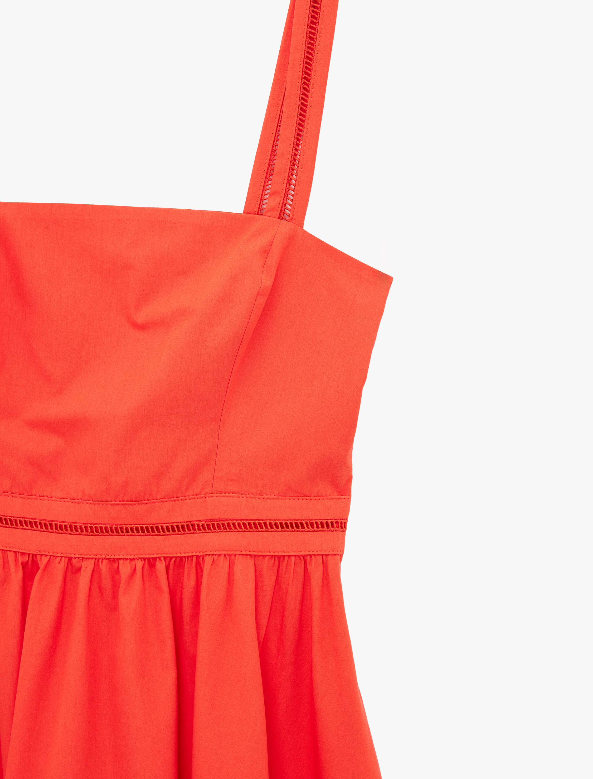   Pamuklu Brode Detaylı Poplin Kare Yaka Askılı Maxi Elbise