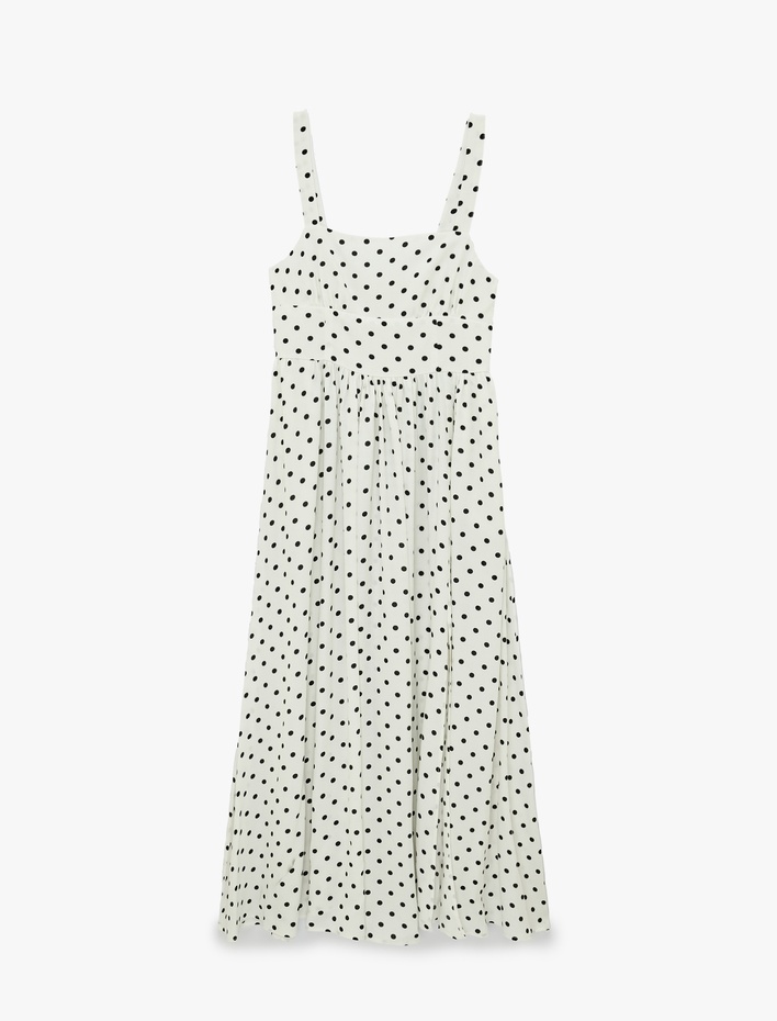  Viskon Askılı Gipe Detaylı Kare Yaka Puantiyeli Elbise