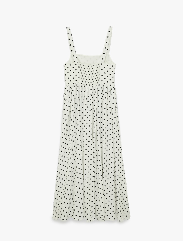  Viskon Askılı Gipe Detaylı Kare Yaka Puantiyeli Elbise