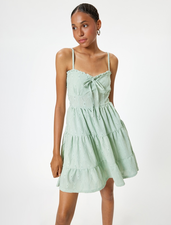  Fisto Elbise Mini Askılı Yakası Bağcıklı Volanlı