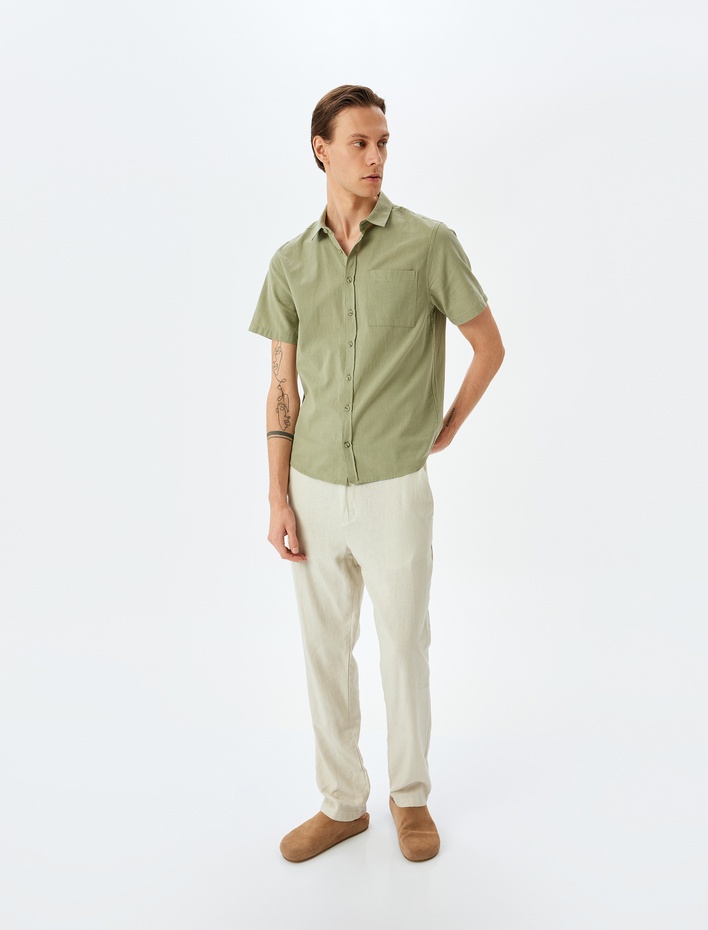  Kısa Kollu Pamuklu Cep Detaylı Slim Fit Gömlek