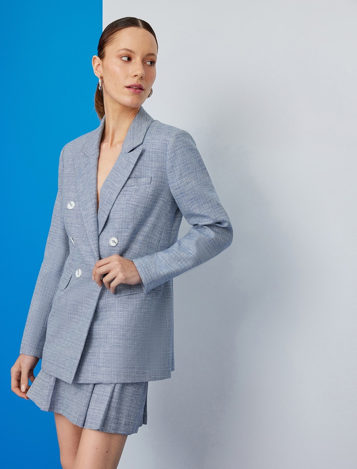  Uzun Kollu Cep Detaylı Kruvaze Blazer Ceket