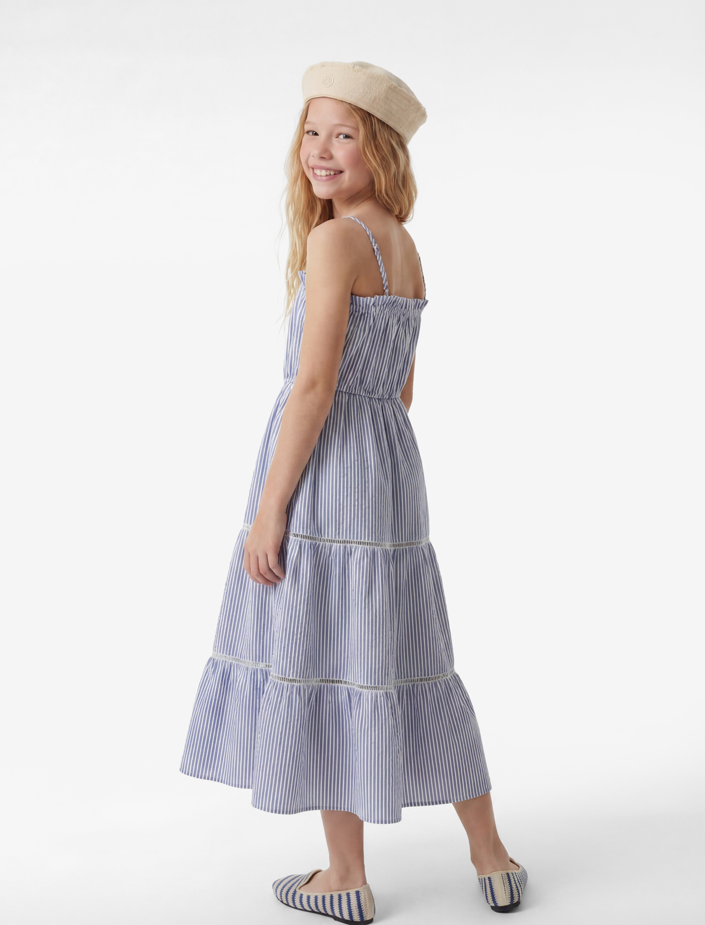  Kız Çocuk Katlı Dantel Detaylı Askılı Çizgili Midi Elbise