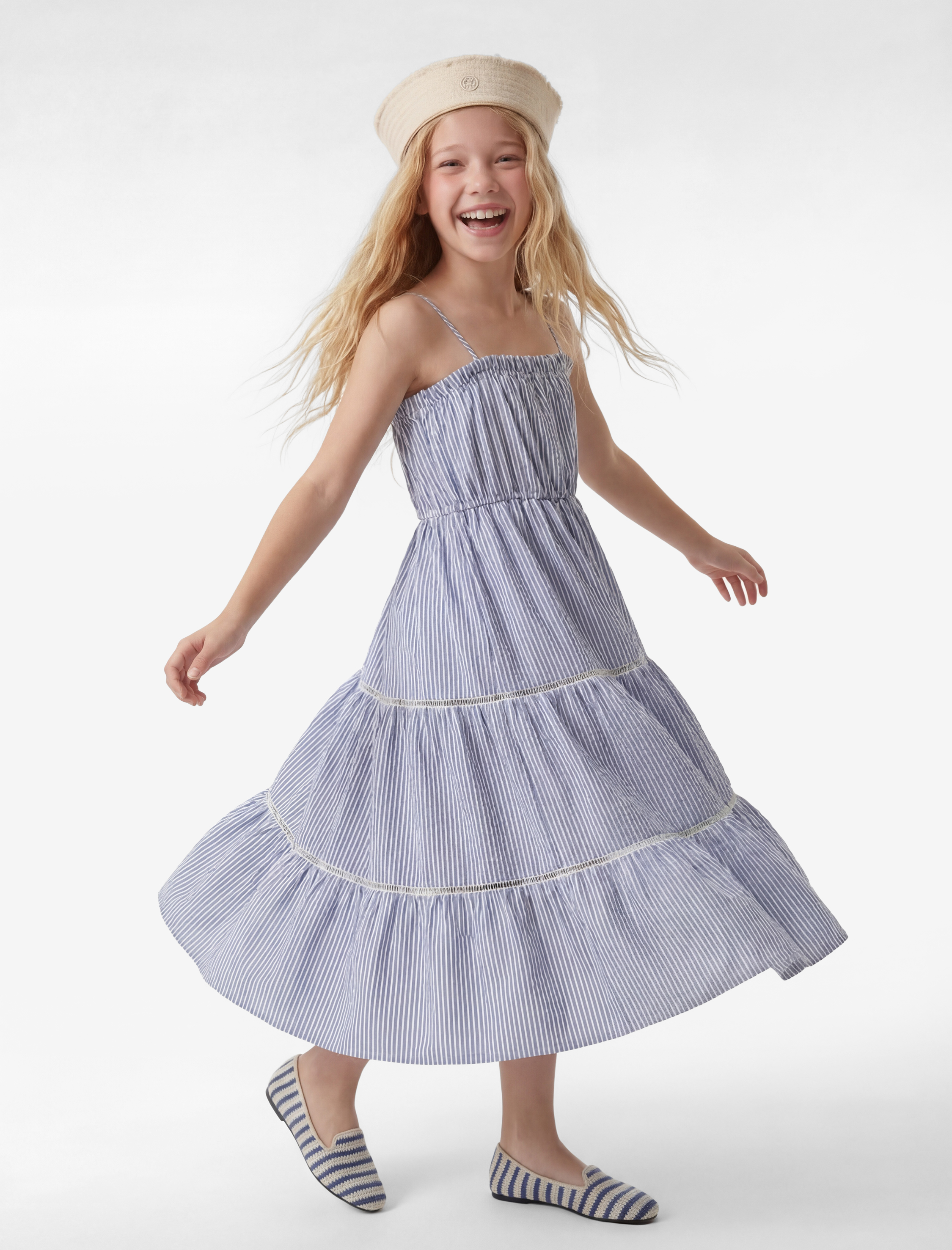  Kız Çocuk Katlı Dantel Detaylı Askılı Çizgili Midi Elbise