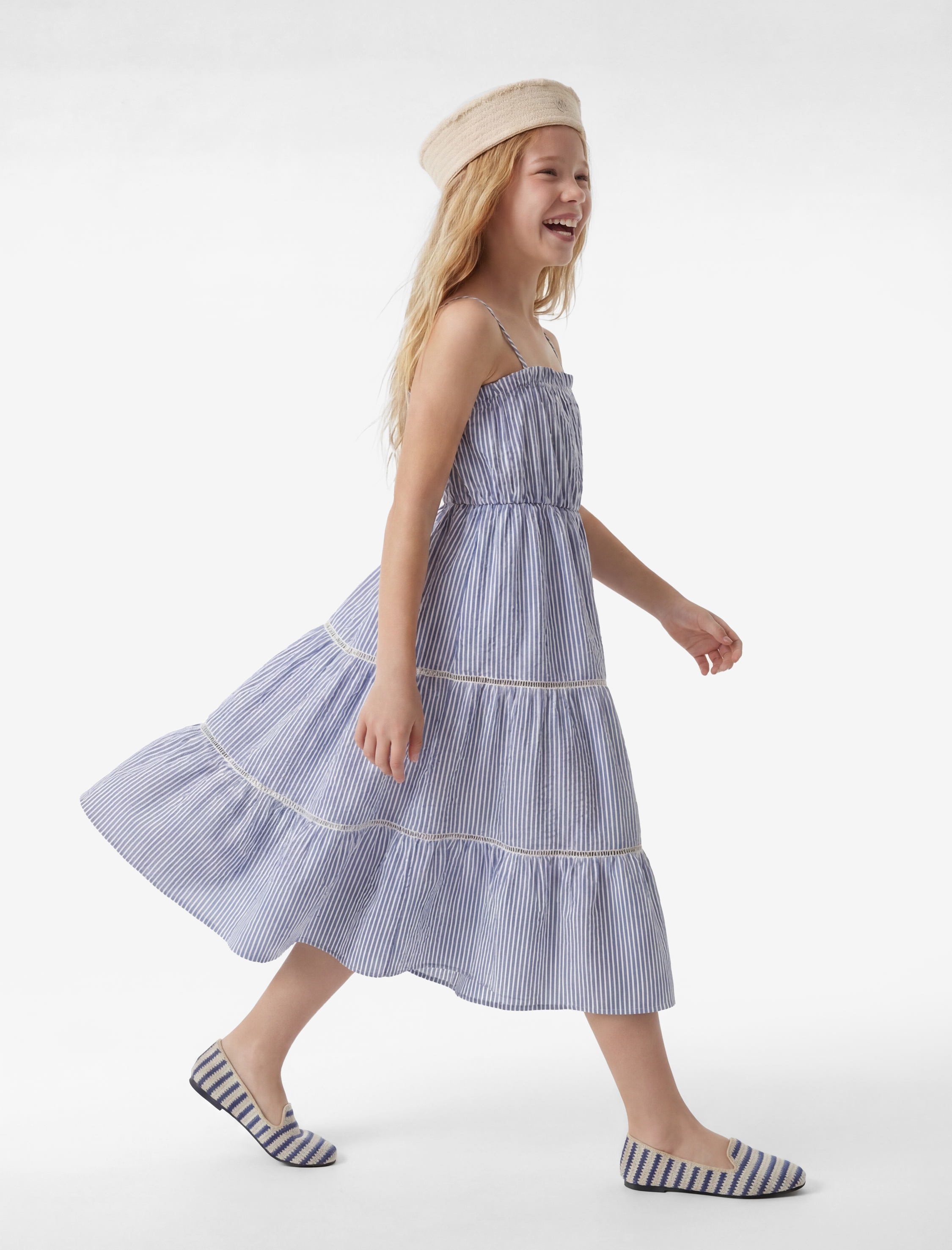  Kız Çocuk Katlı Dantel Detaylı Askılı Çizgili Midi Elbise