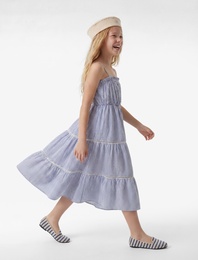 Katlı Dantel Detaylı Askılı Çizgili Midi Elbise