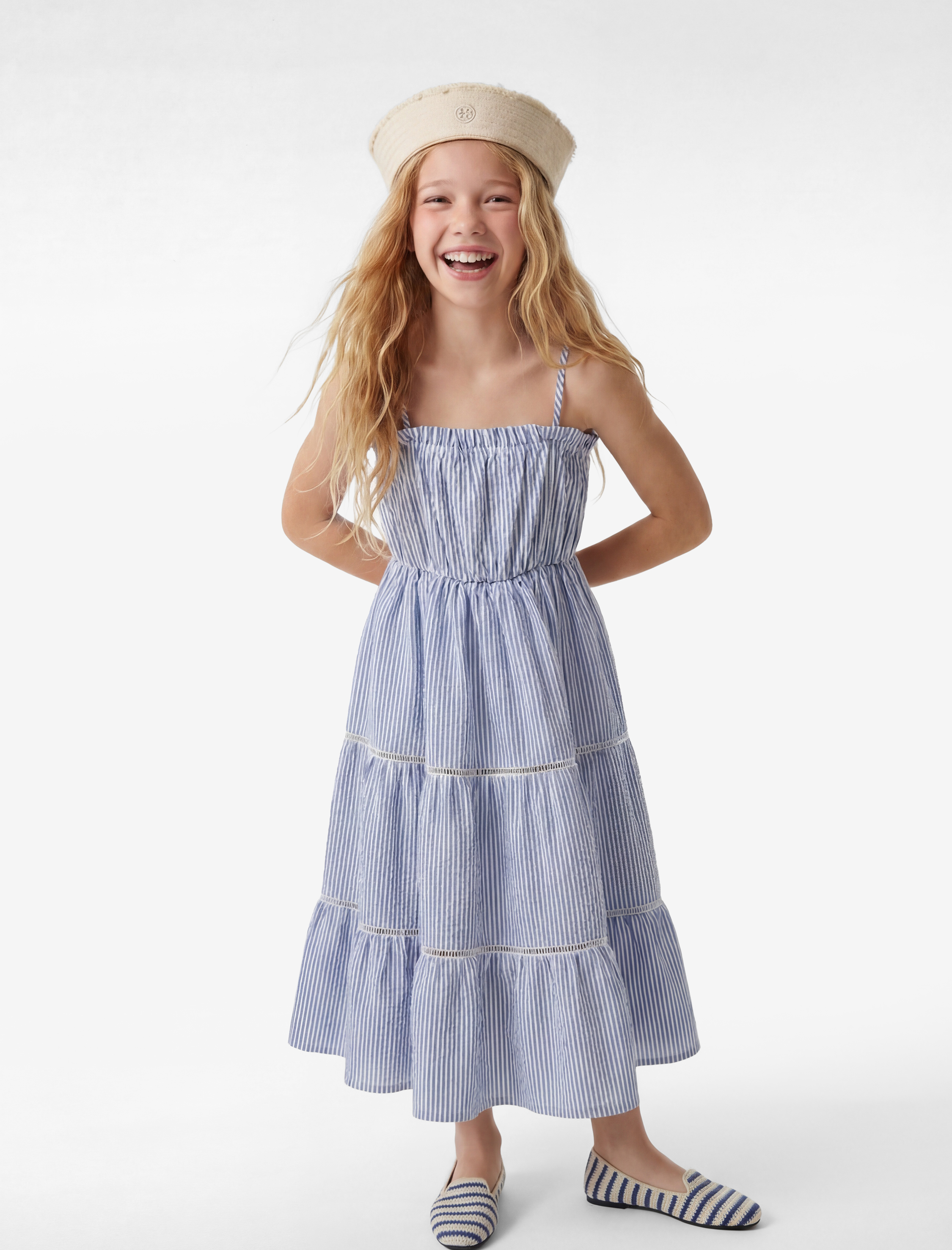  Kız Çocuk Katlı Dantel Detaylı Askılı Çizgili Midi Elbise