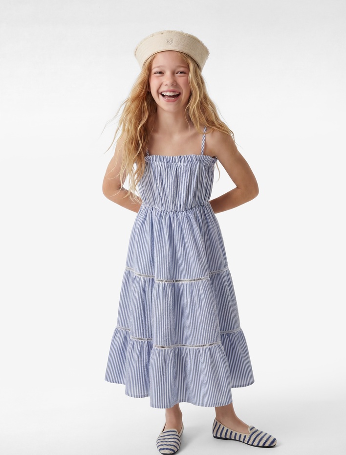 Kız Çocuk Kat Detaylı Askılı Çizgili Midi Elbise