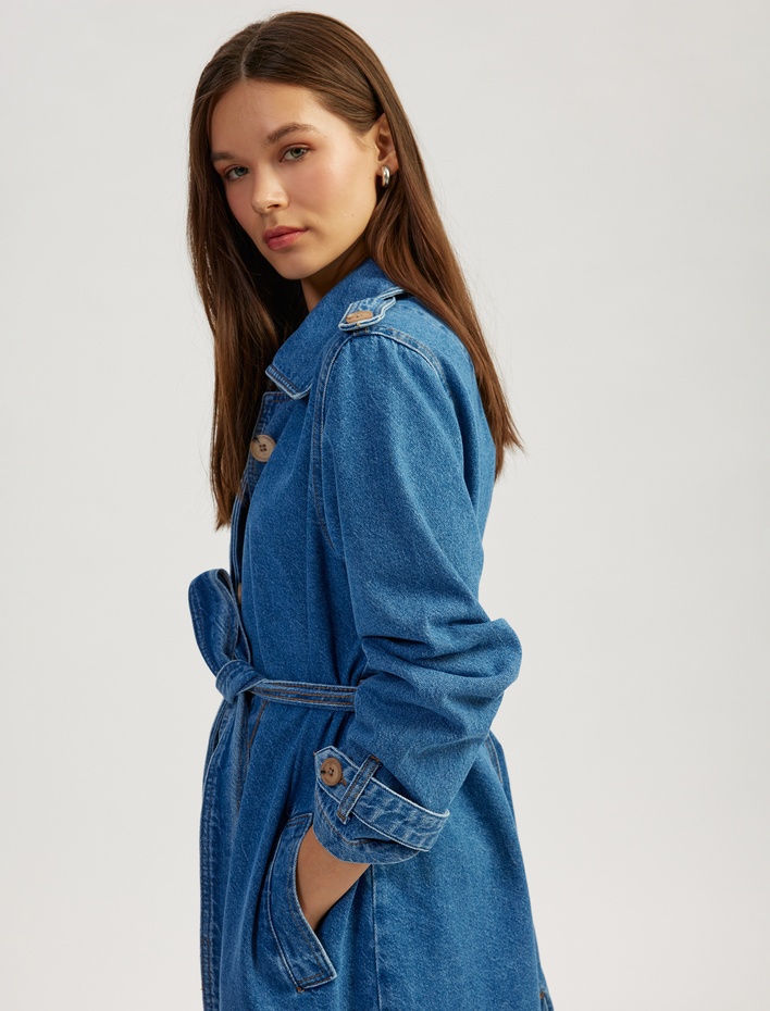  Uzun Kollu Cepli Klasik Yaka Kemer Detaylı Denim Trençkot
