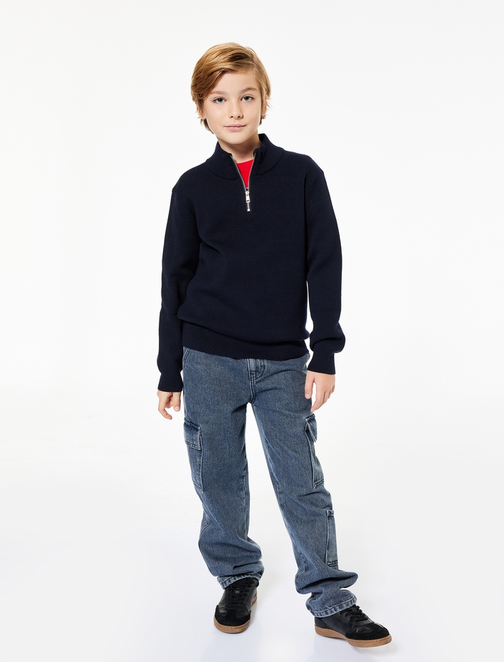 Erkek Çocuk Yarım Fermuarlı Uzun Kollu Viskon Karışımlı Triko Kazak