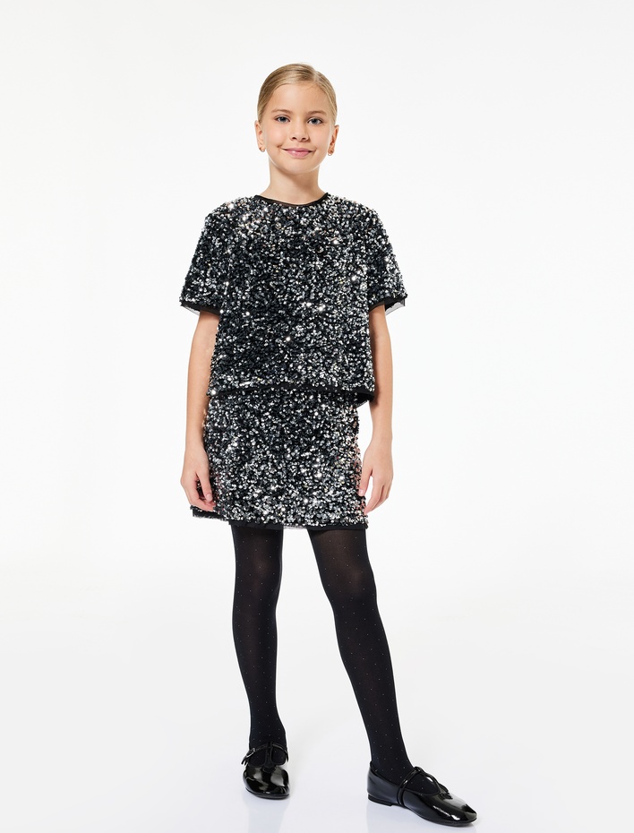 Kız Çocuk Beli Lastikli Pullu Payetli Etek