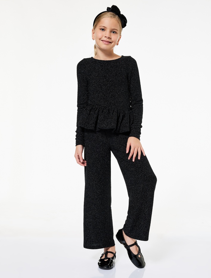 Kız Çocuk Uzun Kollu Bisiklet Yaka Sim Detaylı Fırfırlı Bluz