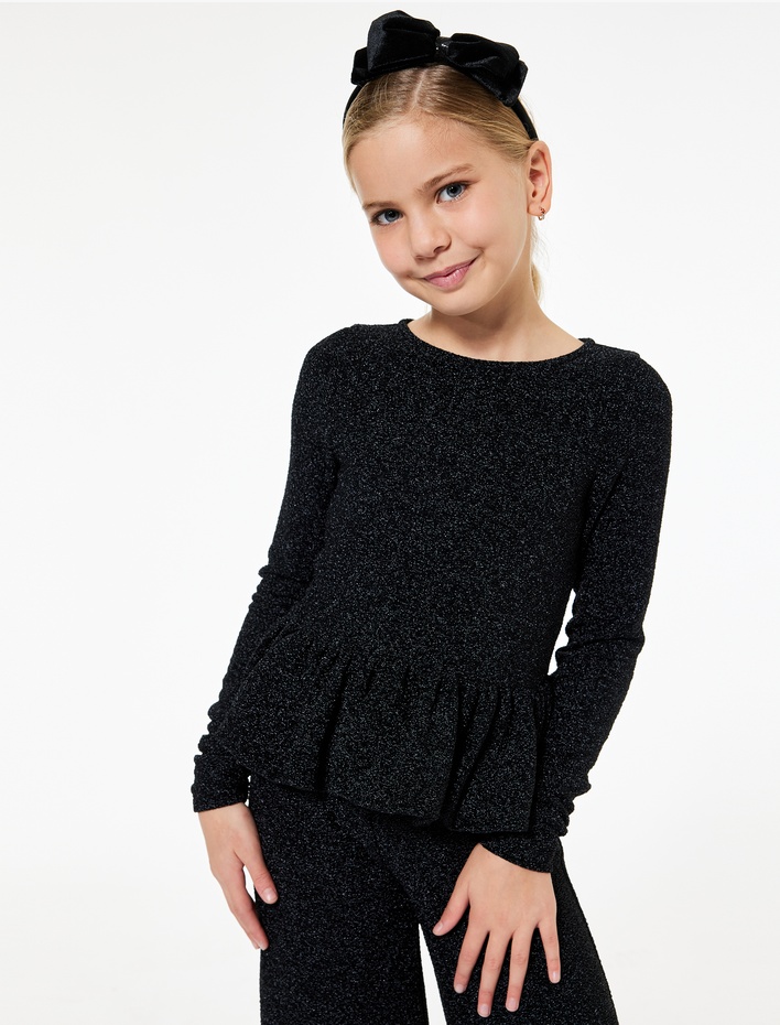 Kız Çocuk Uzun Kollu Bisiklet Yaka Sim Detaylı Fırfırlı Bluz