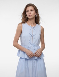 Bisiklet Yaka Önden Bağlama Detaylı Fiyonklu Çizgili Peplum Bluz