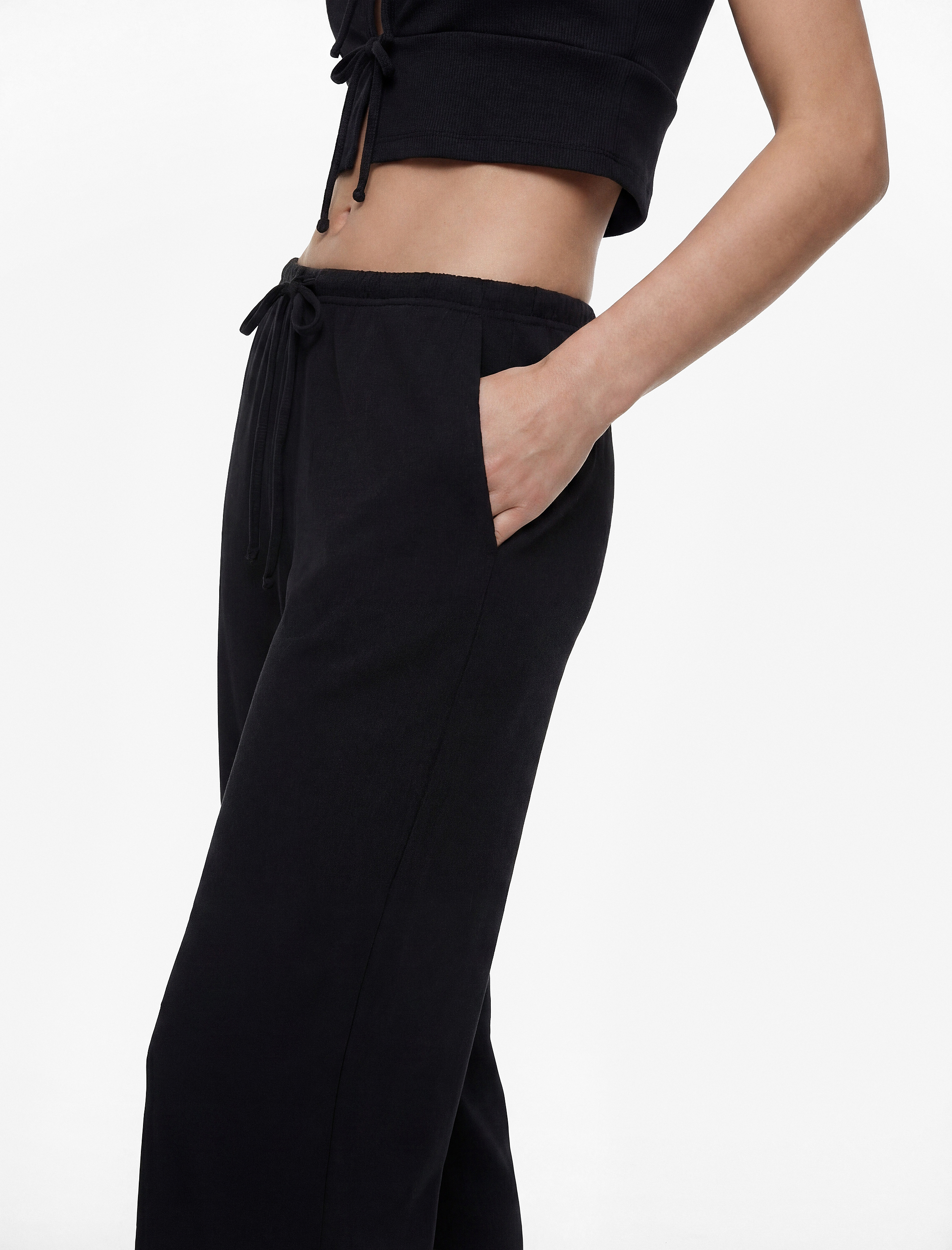   Bürümcük Kumaş Beli Bağcıklı Düz Geniş Paça Pantolon