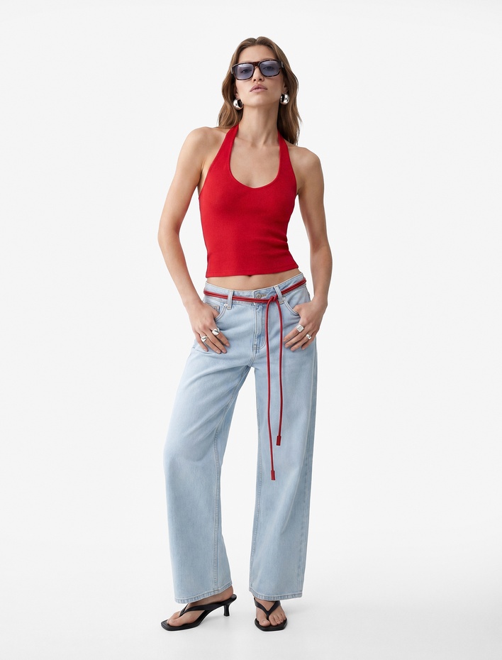  Pamuklu Ribanalı Slim Fit Sırt Dekolteli U Yaka Bluz