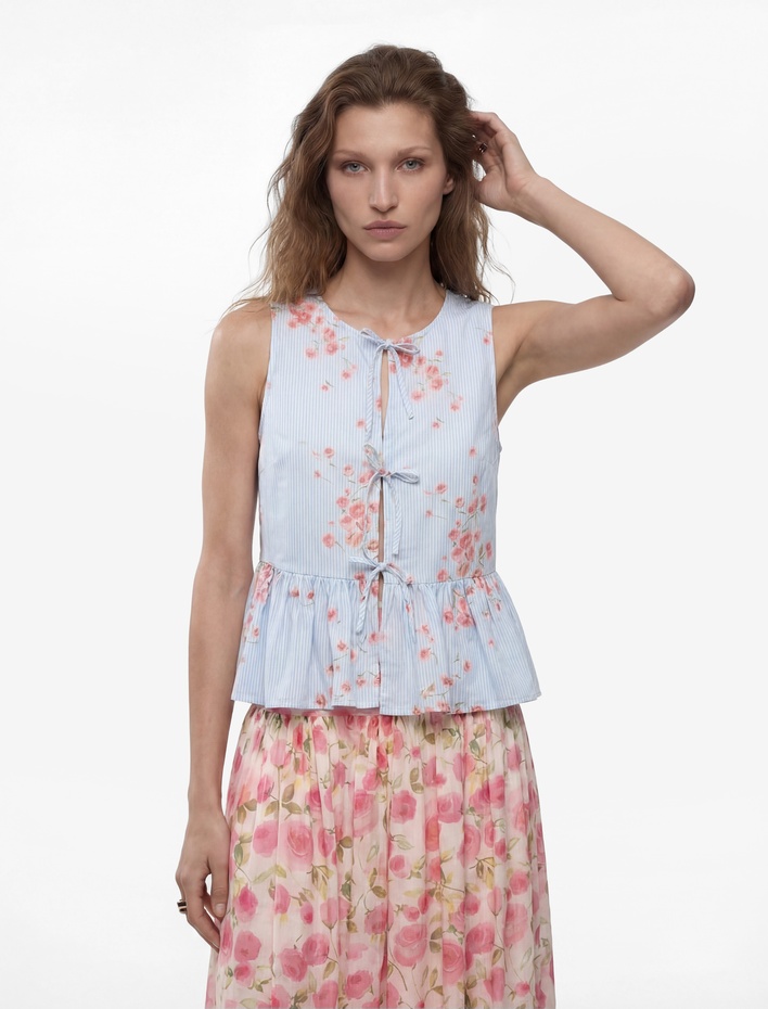  Önden Bağcıklı Fiyonklu Kolsuz Peplum Kesim Çizgili Çiçek Baskılı Şifon Bluz