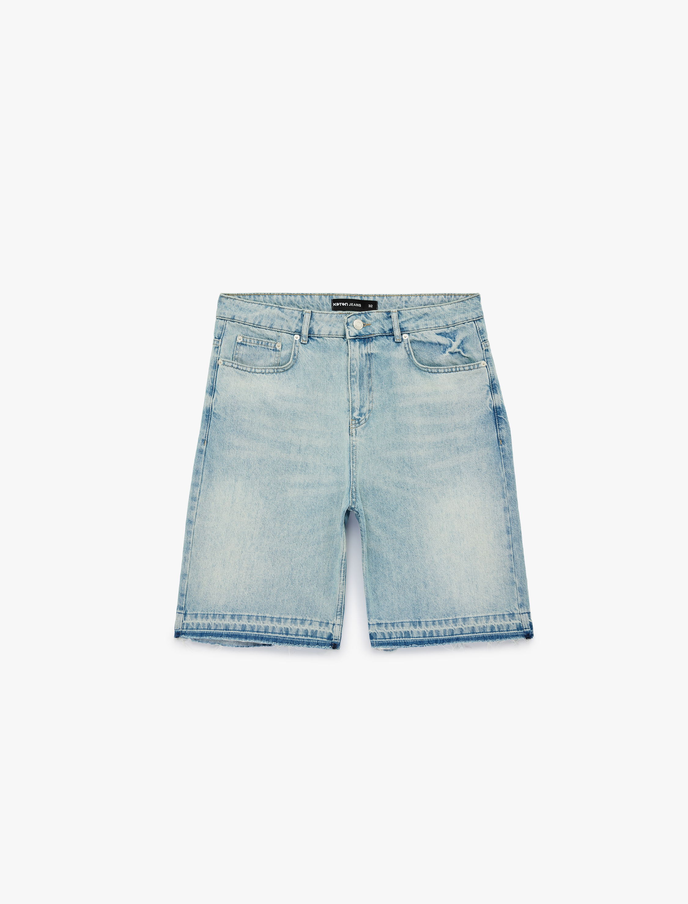   Normal Bel Pamuklu Pis Paça Straight Fit Bermuda Jean Şort