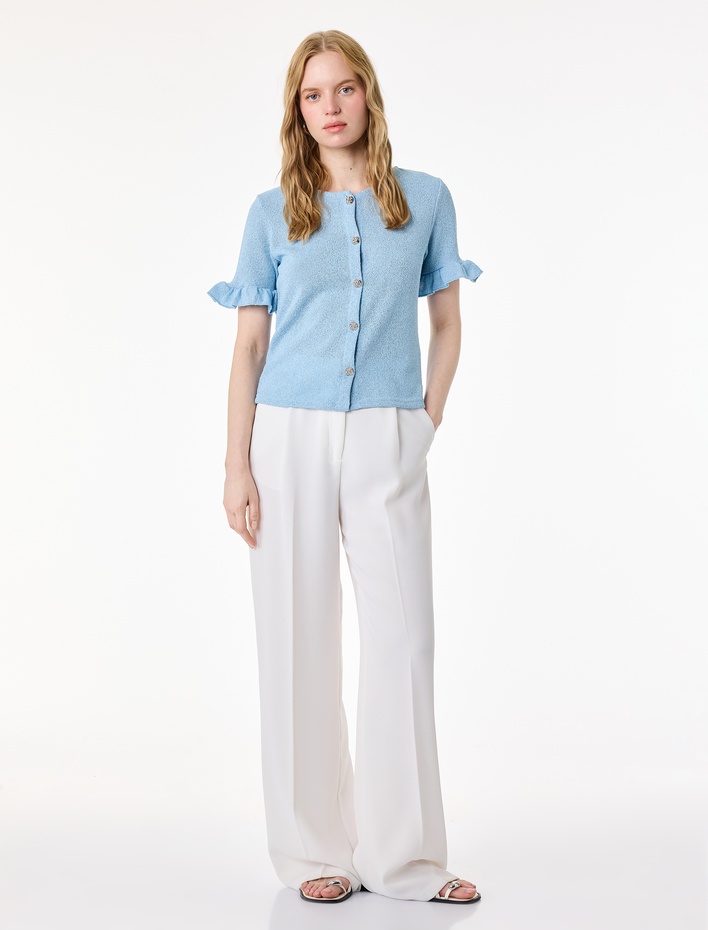  Mücevher Düğme Detaylı Fırfırlı Kısa Kollu Bisiklet Yaka Hırka