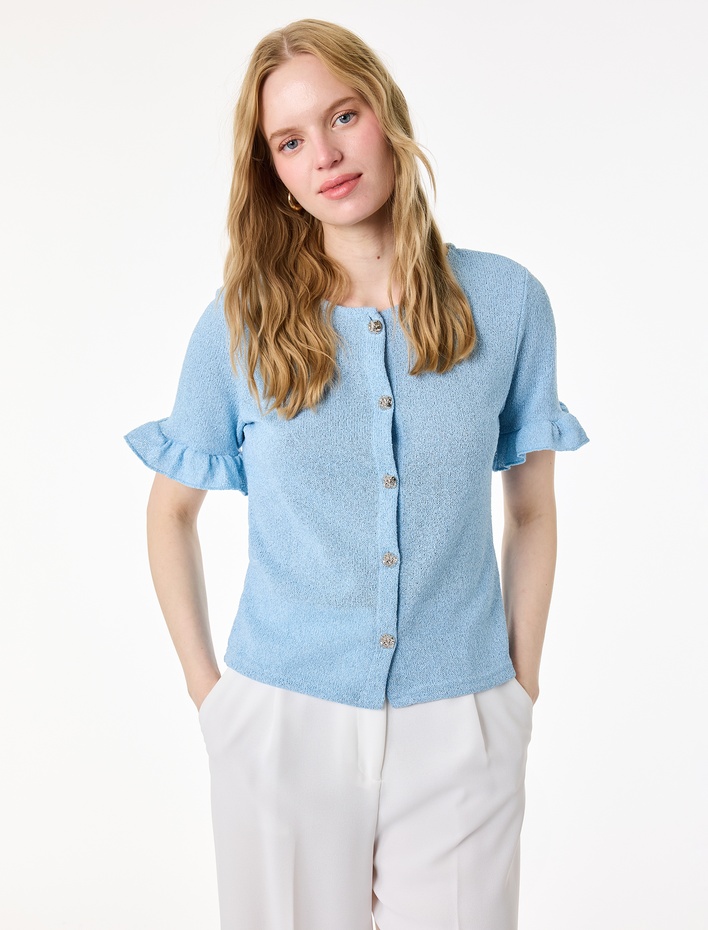  Mücevher Düğme Detaylı Fırfırlı Kısa Kollu Bisiklet Yaka Hırka