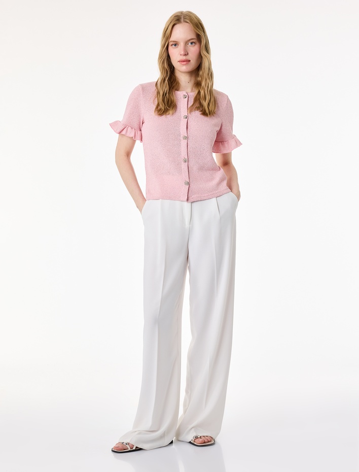  Mücevher Düğme Detaylı Fırfırlı Kısa Kollu Bisiklet Yaka Hırka