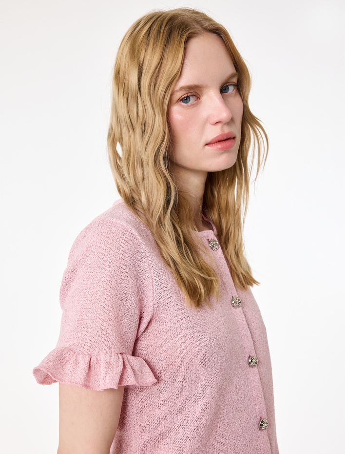  Mücevher Düğme Detaylı Fırfırlı Kısa Kollu Bisiklet Yaka Hırka